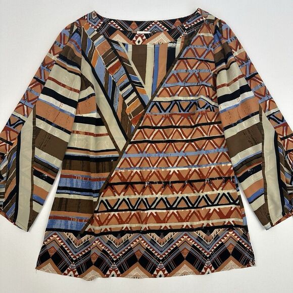 Chico's Multicolor Geometric Chiffon Blouse 3/4 Sleeve Boat Neck Sz S (Chicos 0) - Picture 5 of 14
